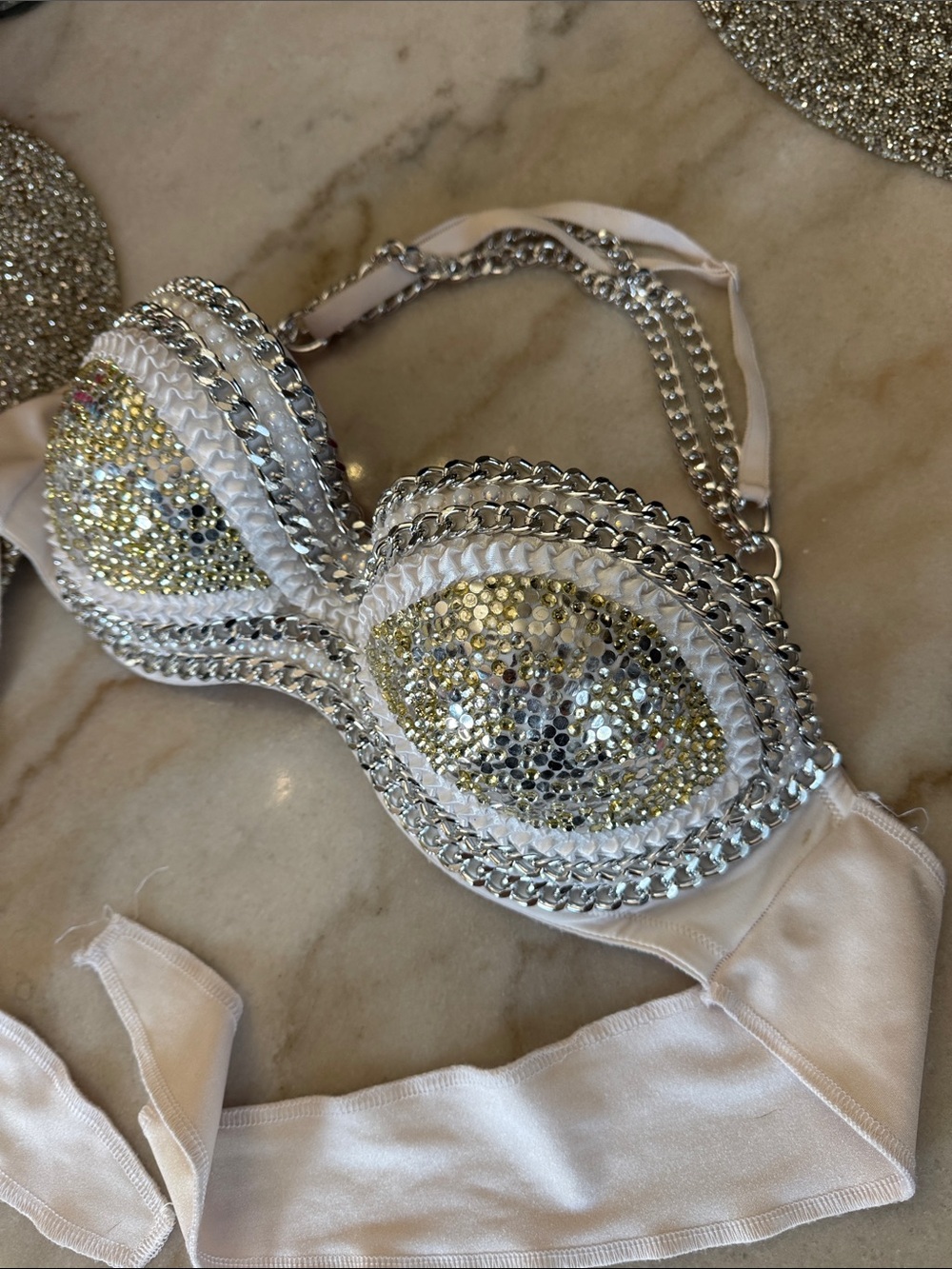 Embellished White Satin Bandeau Bra with Sequin Cups - Picture 5 of 7